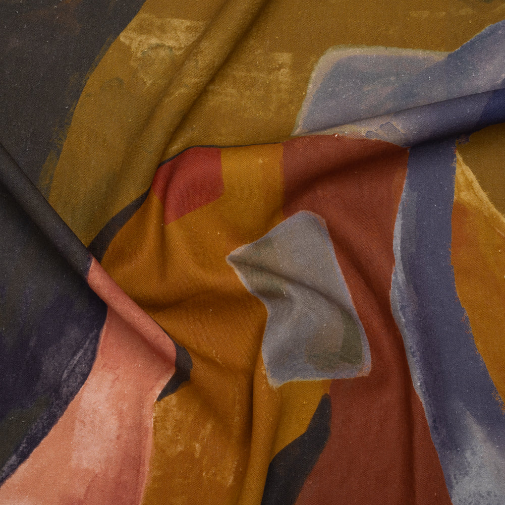 Linen and Rayon Woven - Earth Red, Ochre and Navy Abstract - Mood Exclusive Tectonic Tempo Print