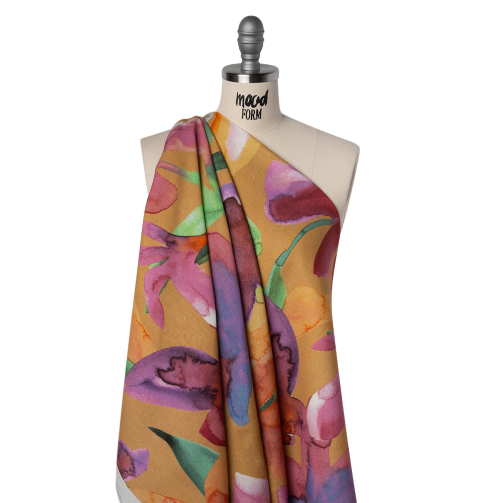 Linen and Rayon Woven - Yellow Ochre, Pink and Purple Watercolor Florals - Mood Exclusive Watercolor Whimsy Print