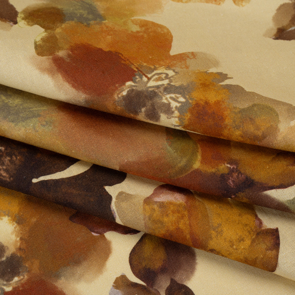 Linen and Rayon Woven - Pale Yellow, Burnt Orange and Brick Painterly Florals - Mood Exclusive Sunwashed Serenade Print