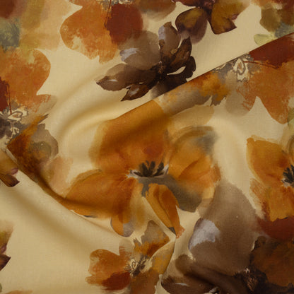 Linen and Rayon Woven - Pale Yellow, Burnt Orange and Brick Painterly Florals - Mood Exclusive Sunwashed Serenade Print