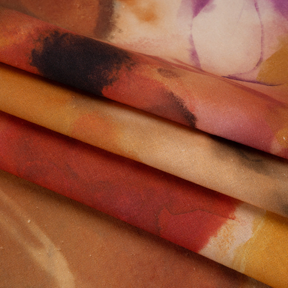 Linen and Rayon Woven - Golden Orange, Red and Purple Soft Flowers - Mood Exclusive Drifting Dreams Print - Folded