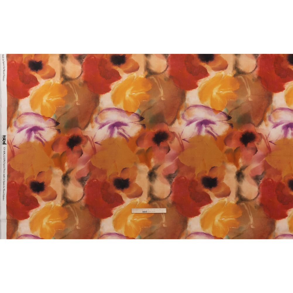 Linen and Rayon Woven - Golden Orange, Red and Purple Soft Flowers - Mood Exclusive Drifting Dreams Print - Full