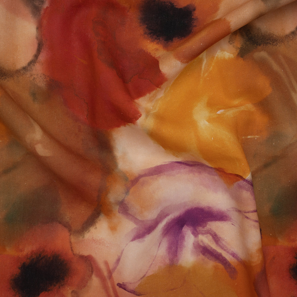 Linen and Rayon Woven - Golden Orange, Red and Purple Soft Flowers - Mood Exclusive Drifting Dreams Print