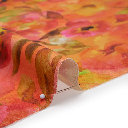 Linen and Rayon Woven - Orange, Pink and Olive Green Watercolor Flowers - Mood Exclusive Pick Your Posy Print