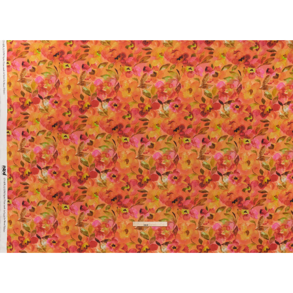 Linen and Rayon Woven - Orange, Pink and Olive Green Watercolor Flowers - Mood Exclusive Pick Your Posy Print