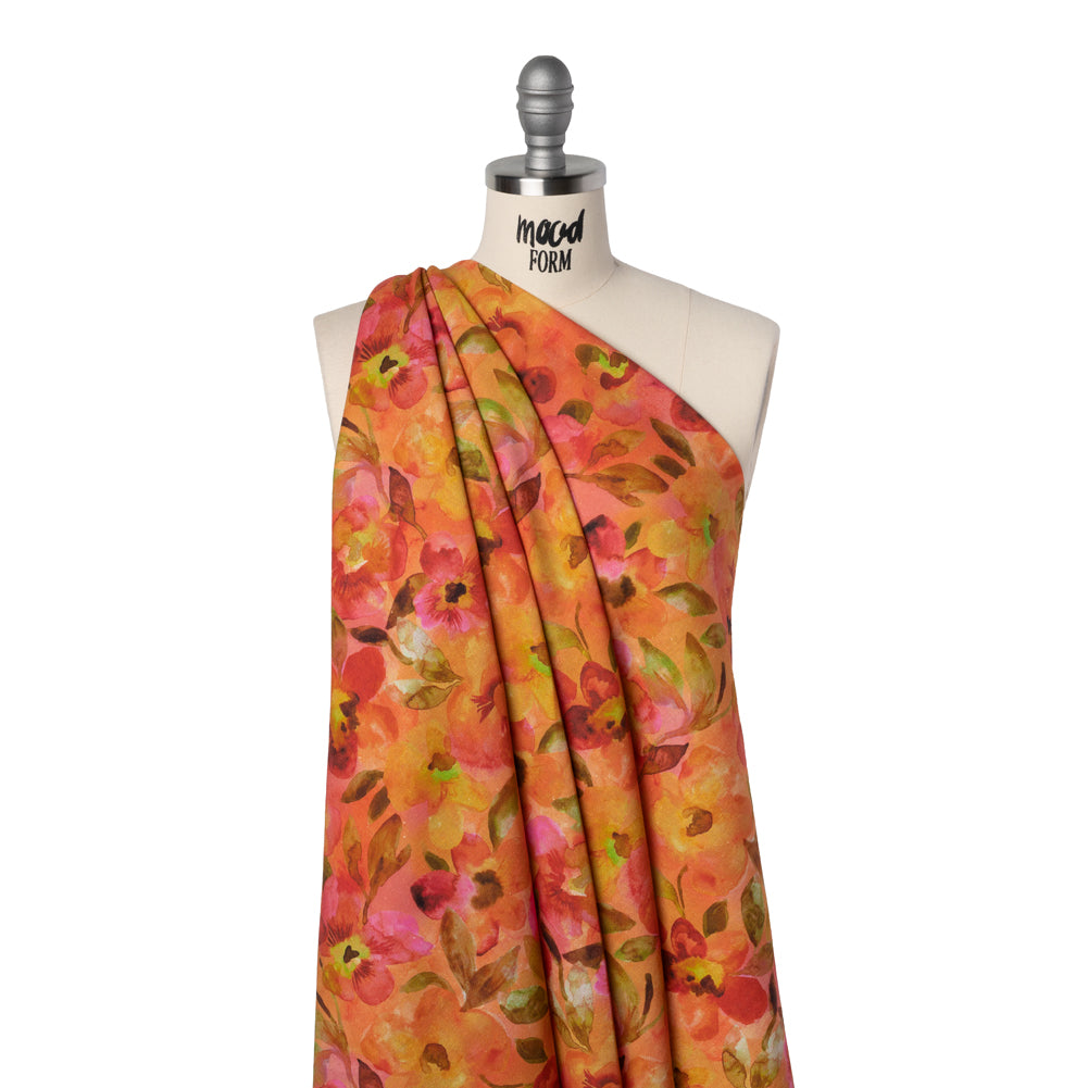 Linen and Rayon Woven - Orange, Pink and Olive Green Watercolor Flowers - Mood Exclusive Pick Your Posy Print
