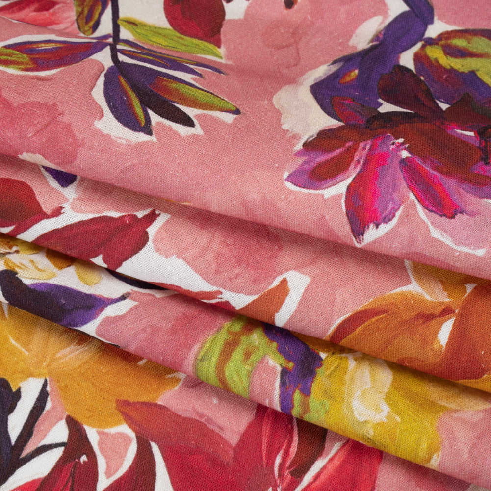 Linen and Rayon Woven - Dusty Rose, Golden Yellow and Dark Purple Painted Flowers - Mood Exclusive Brushstroke Blooms Print - Folded