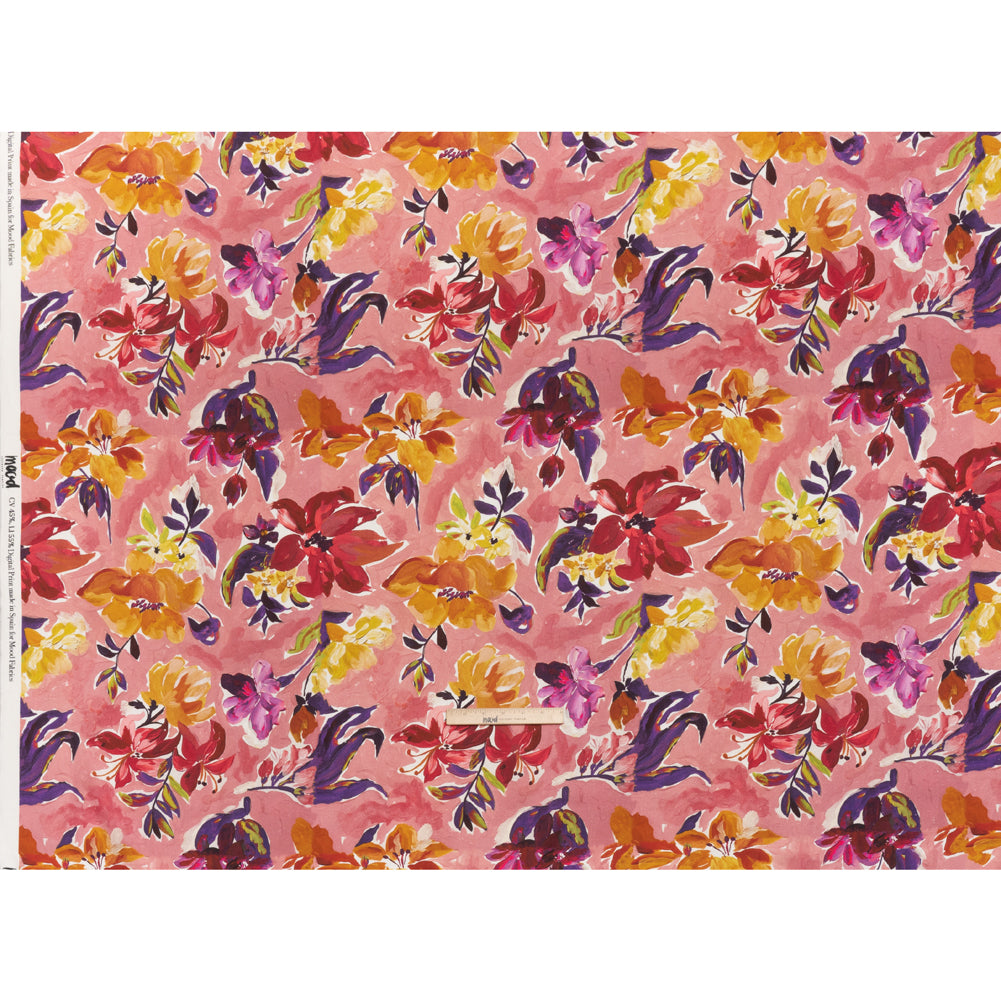 Linen and Rayon Woven - Dusty Rose, Golden Yellow and Dark Purple Painted Flowers - Mood Exclusive Brushstroke Blooms Print - Full