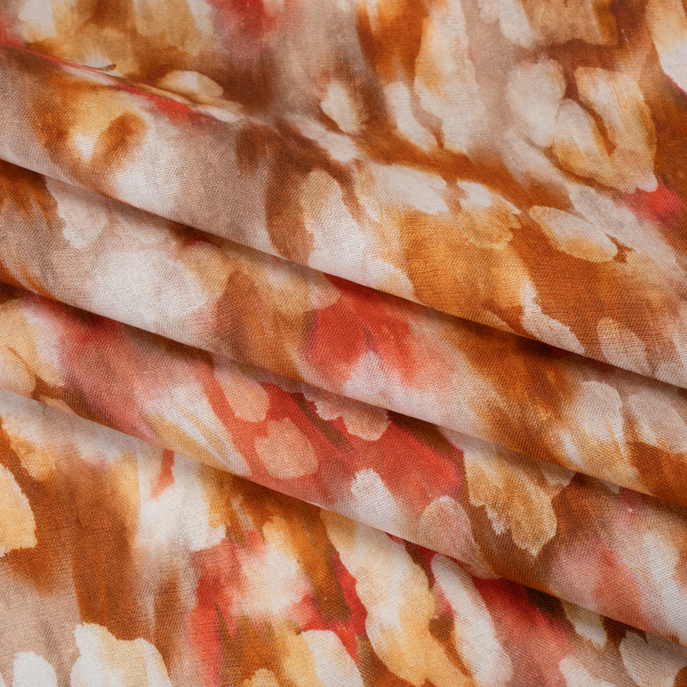 Linen and Rayon Woven - Burnt Orange, Coral Red and White Cloudy Spots - Mood Exclusive Mottled Mists Print Folded