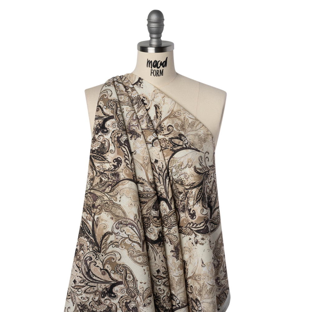 Linen and Rayon Woven - Brown, Beige and Cream Leafy Paisley Sketches - Mood Exclusive Daydream Doodles Print Drape