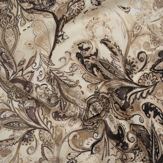 Linen and Rayon Woven - Brown, Beige and Cream Leafy Paisley Sketches - Mood Exclusive Daydream Doodles Print
