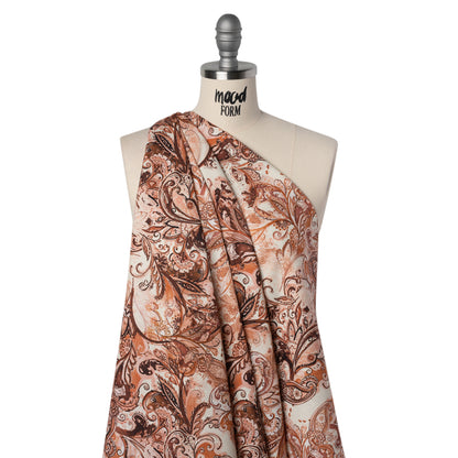 Linen and Rayon Woven - Orange, Muted Red and Cream Leafy Paisley Sketches - Mood Exclusive Daydream Doodles Print Drape