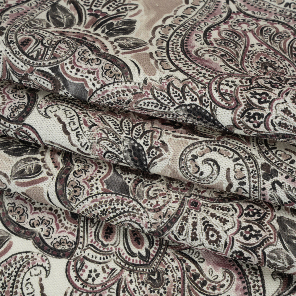 Linen and Rayon Woven - Dark Gray, Beige and Dusty Pink Ornate Paisley and Floral - Mood Exclusive Boheme Blooms Print Folded