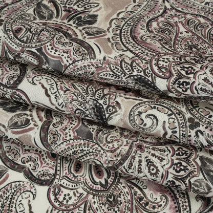 Linen and Rayon Woven - Dark Gray, Beige and Dusty Pink Ornate Paisley and Floral - Mood Exclusive Boheme Blooms Print Folded
