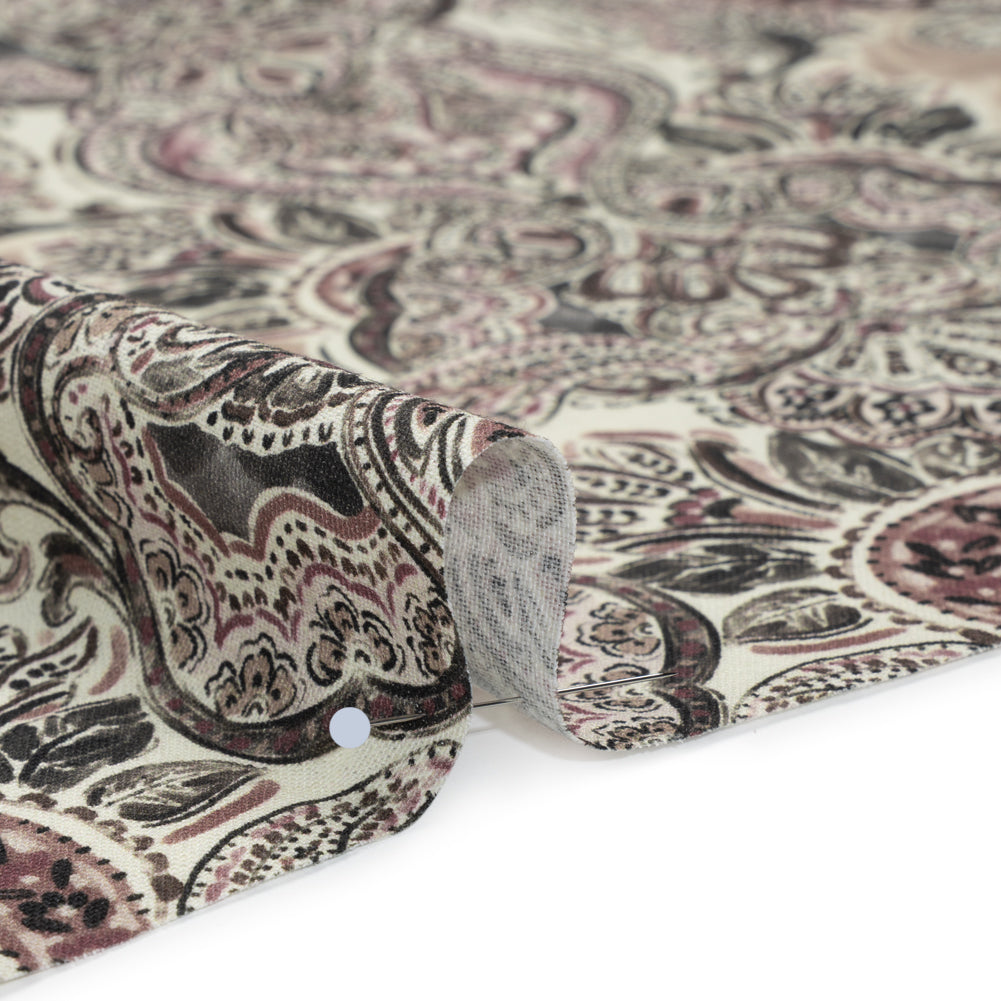 Linen and Rayon Woven - Dark Gray, Beige and Dusty Pink Ornate Paisley and Floral - Mood Exclusive Boheme Blooms Print Detail