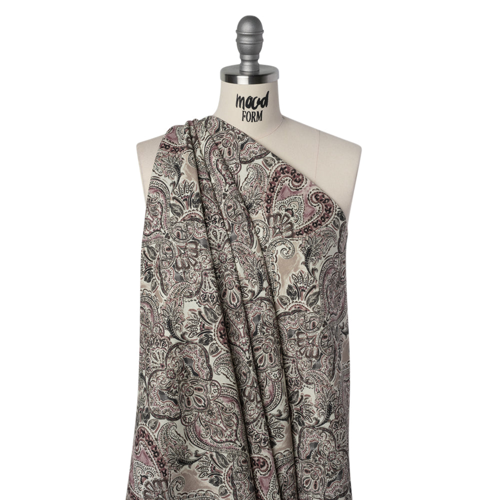 Linen and Rayon Woven - Dark Gray, Beige and Dusty Pink Ornate Paisley and Floral - Mood Exclusive Boheme Blooms Print Drape
