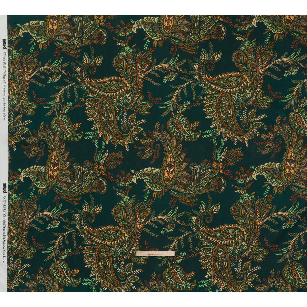 Linen and Rayon Woven - Dark Green, Olive and Burn Orange Paisley Floral - Mood Exclusive Lush Labyrinth Print - Full