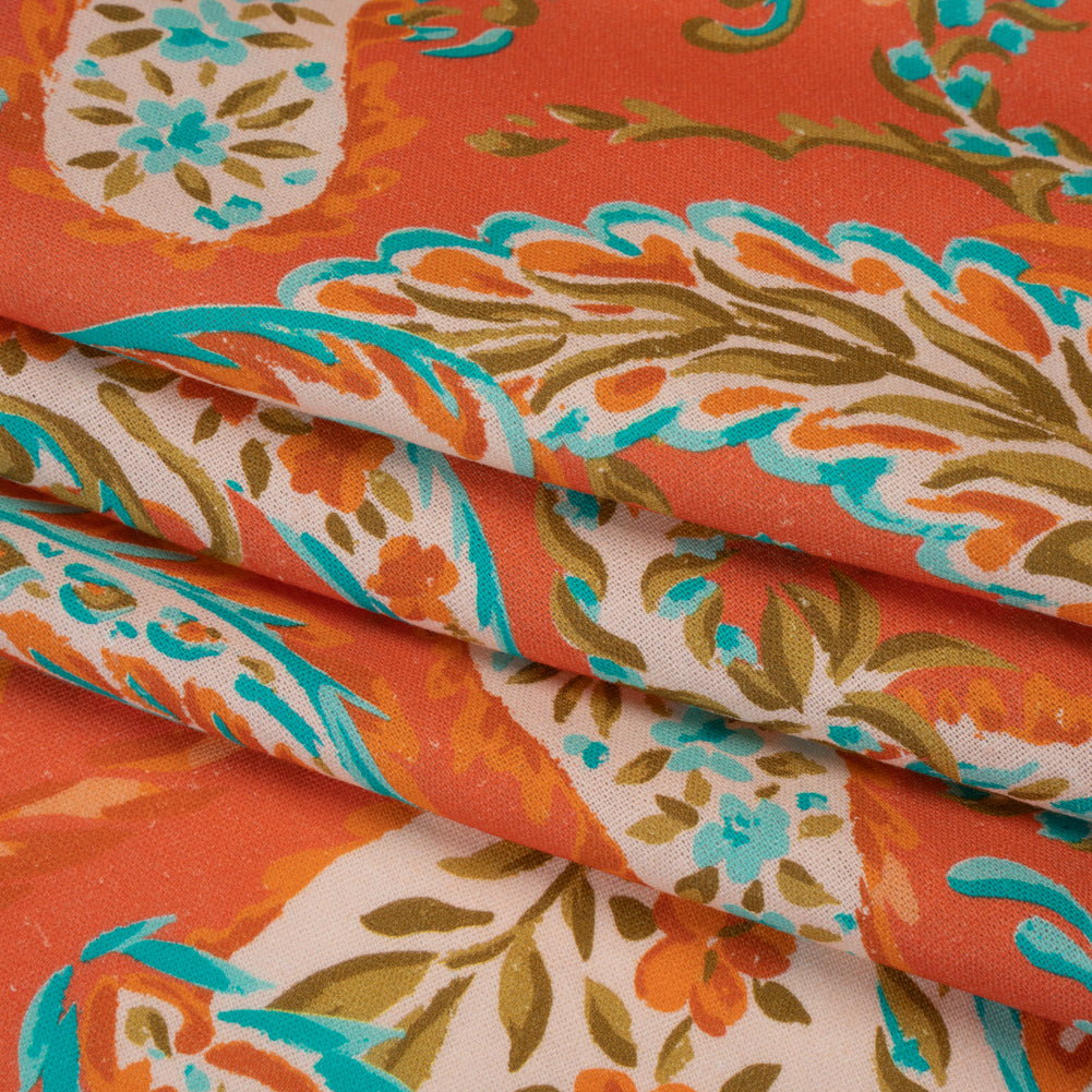 Linen and Rayon Woven - Coral Orange, Turquoise and Olive Green Paisley - Mood Exclusive Fiery Reverie Print Folded