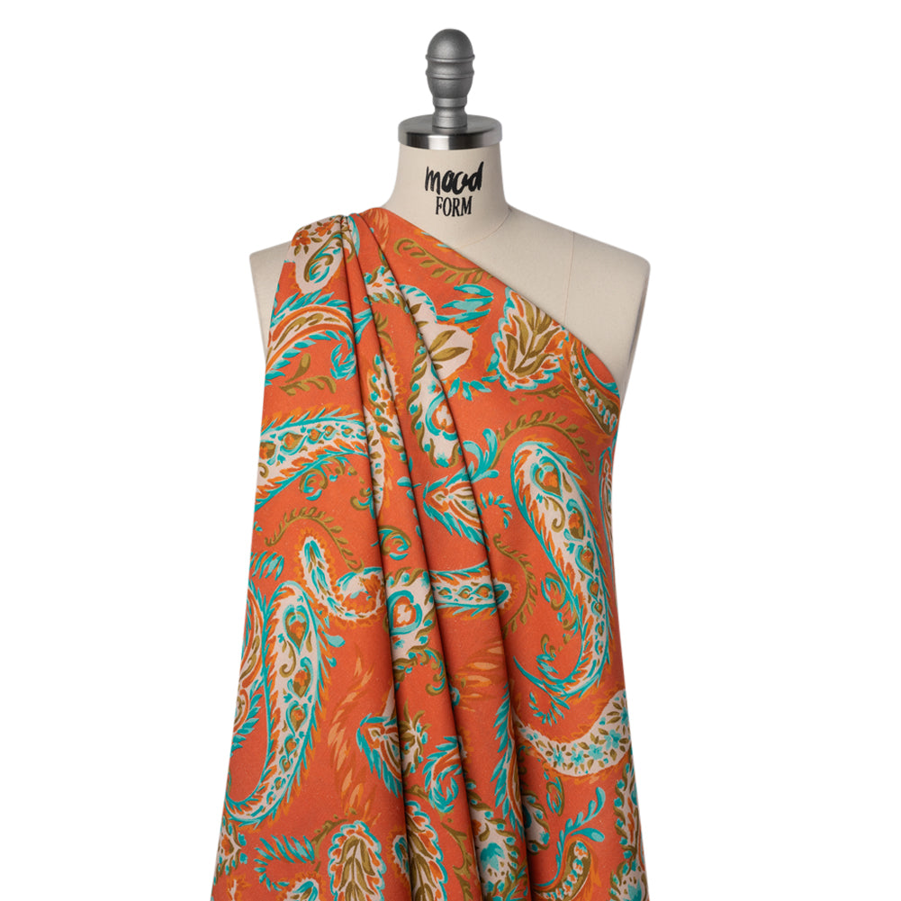 Linen and Rayon Woven - Coral Orange, Turquoise and Olive Green Paisley - Mood Exclusive Fiery Reverie Print Drape