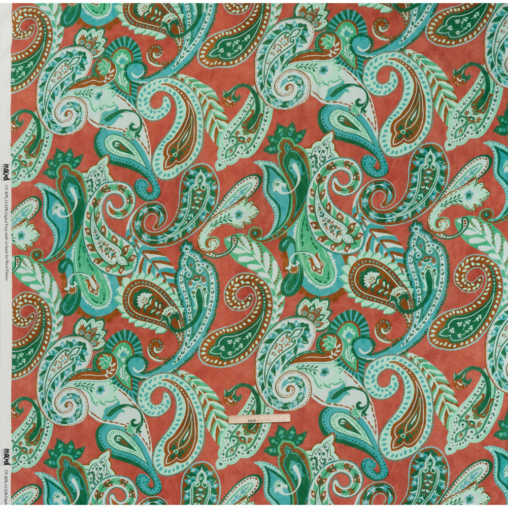 Linen and Rayon Woven - Green, Sky Blue and Ginger Spice Paisley - Mood Exclusive Sprightly Scrolls Print - Full