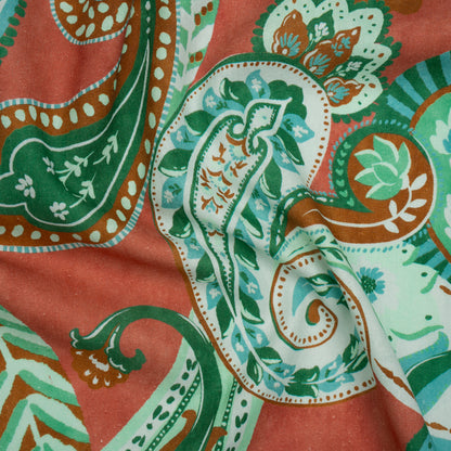 Linen and Rayon Woven - Green, Sky Blue and Ginger Spice Paisley - Mood Exclusive Sprightly Scrolls Print