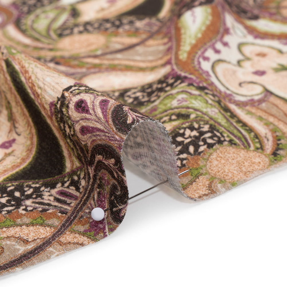 Slubbed Gauzy Cotton Woven - Pale Pink, Spring Green and Espresso Fanciful Paisleys - Mood Exclusive Mandala Motions Print