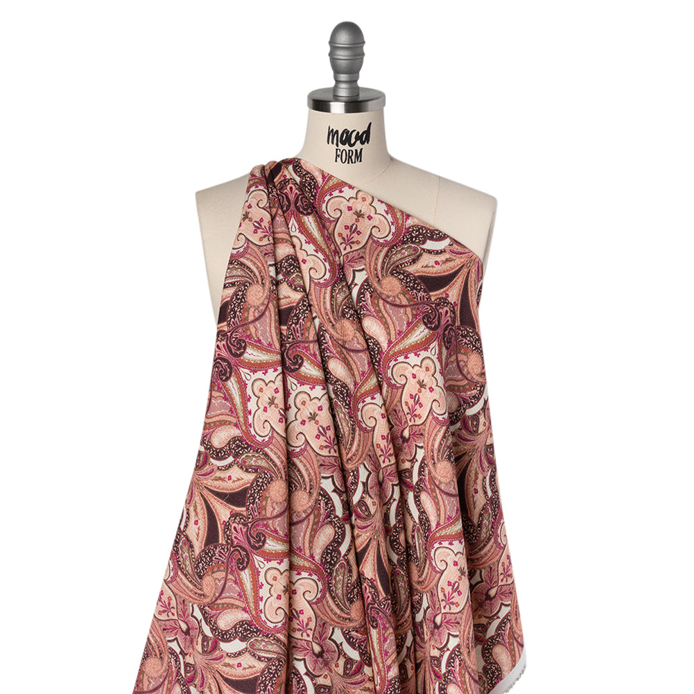 Slubbed Gauzy Cotton Woven - Pale Peach, Magenta and Dark Plum Fanciful Paisleys - Mood Exclusive Mandala Motions Print