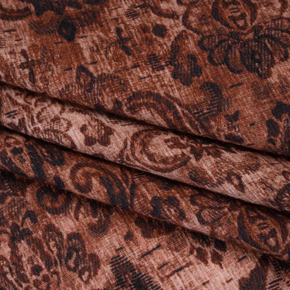Slubbed Gauzy Cotton Woven - Rust and Burgundy Distressed Floral Damask - Mood Exclusive Reflecting Revelations Print