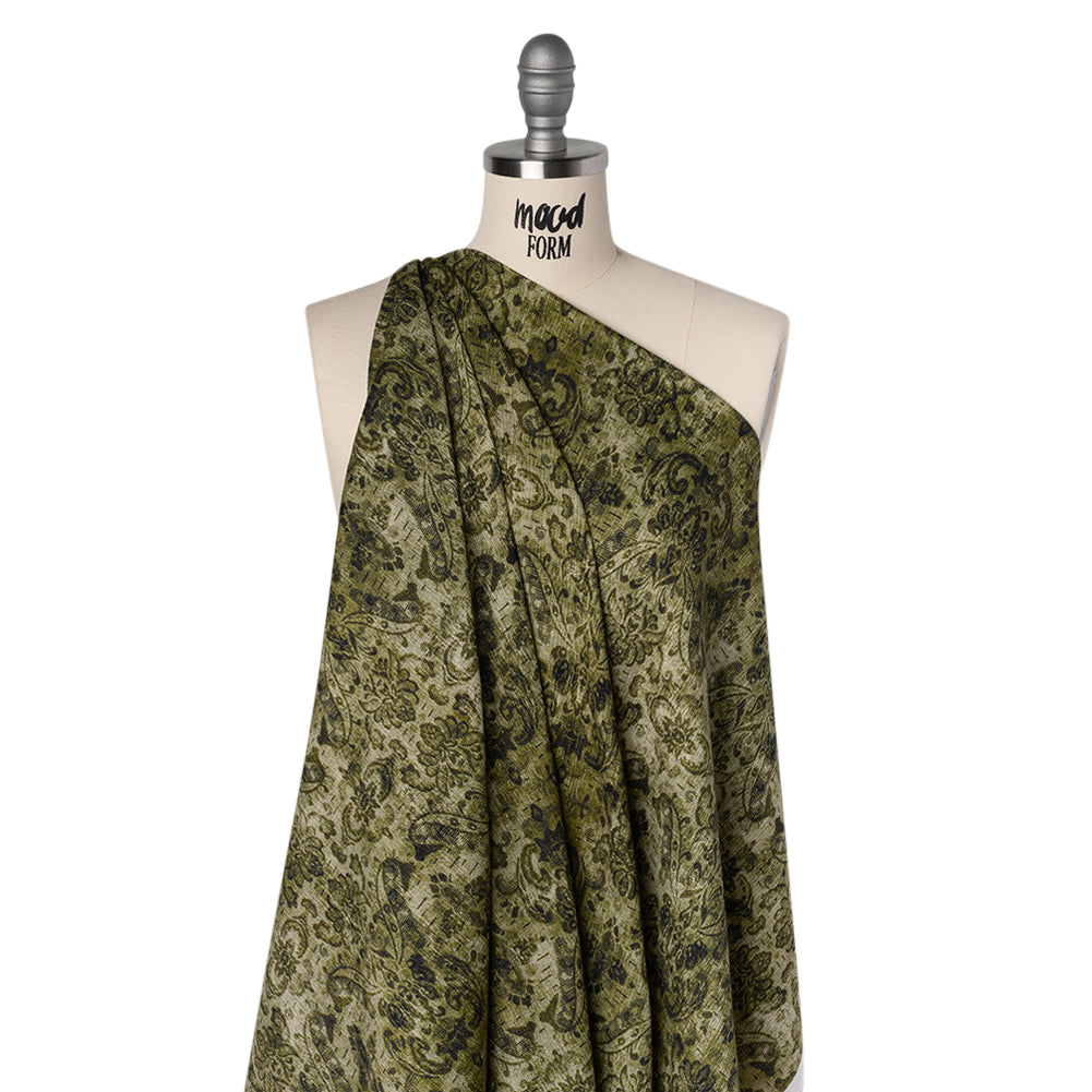 Slubbed Gauzy Cotton Woven - Olive and Dark Green Distressed Floral Damask - Mood Exclusive Reflecting Revelations Print