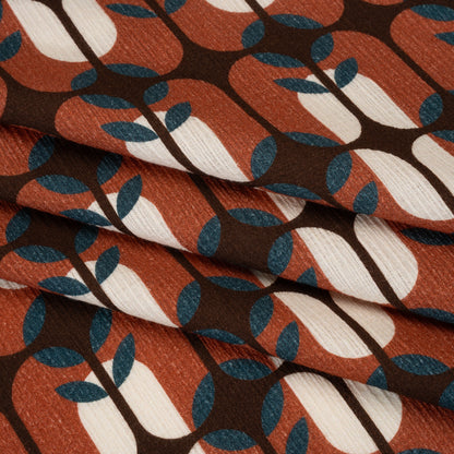 Slubbed Gauzy Cotton Woven - Rust Red, Dark Blue and Coffee Brown Geometric Floral Windows - Mood Exclusive Greenhouse Geometries Print