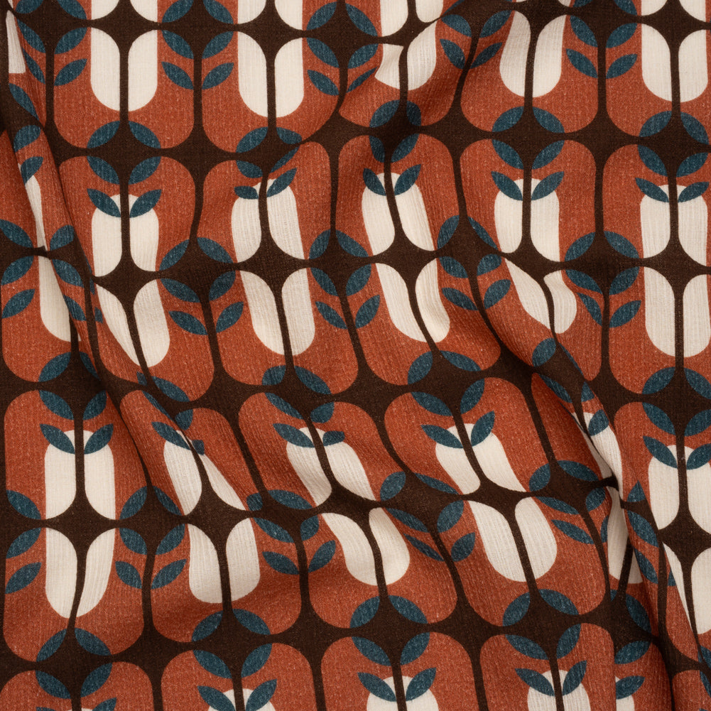 Slubbed Gauzy Cotton Woven - Rust Red, Dark Blue and Coffee Brown Geometric Floral Windows - Mood Exclusive Greenhouse Geometries Print