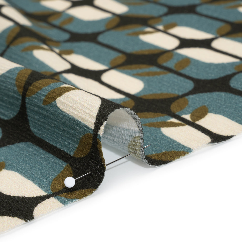 Slubbed Gauzy Cotton Woven - Mid Blue, Olive Green and Navy Geometric Floral Windows - Mood Exclusive Greenhouse Geometries Print