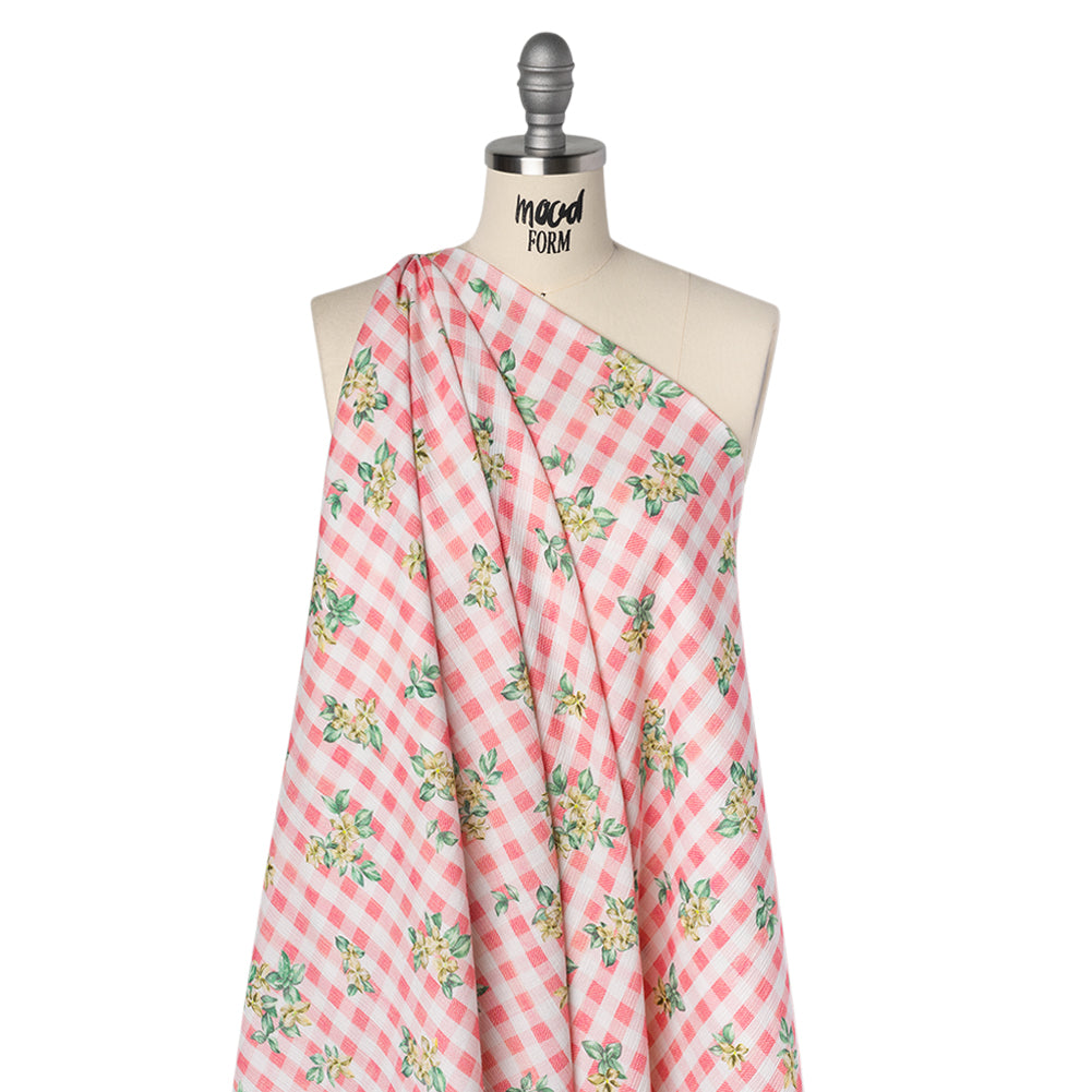 Slubbed Gauzy Cotton Woven - White and Yellow Flowers on Pink Gingham - Mood Exclusive Picnic Petals Print