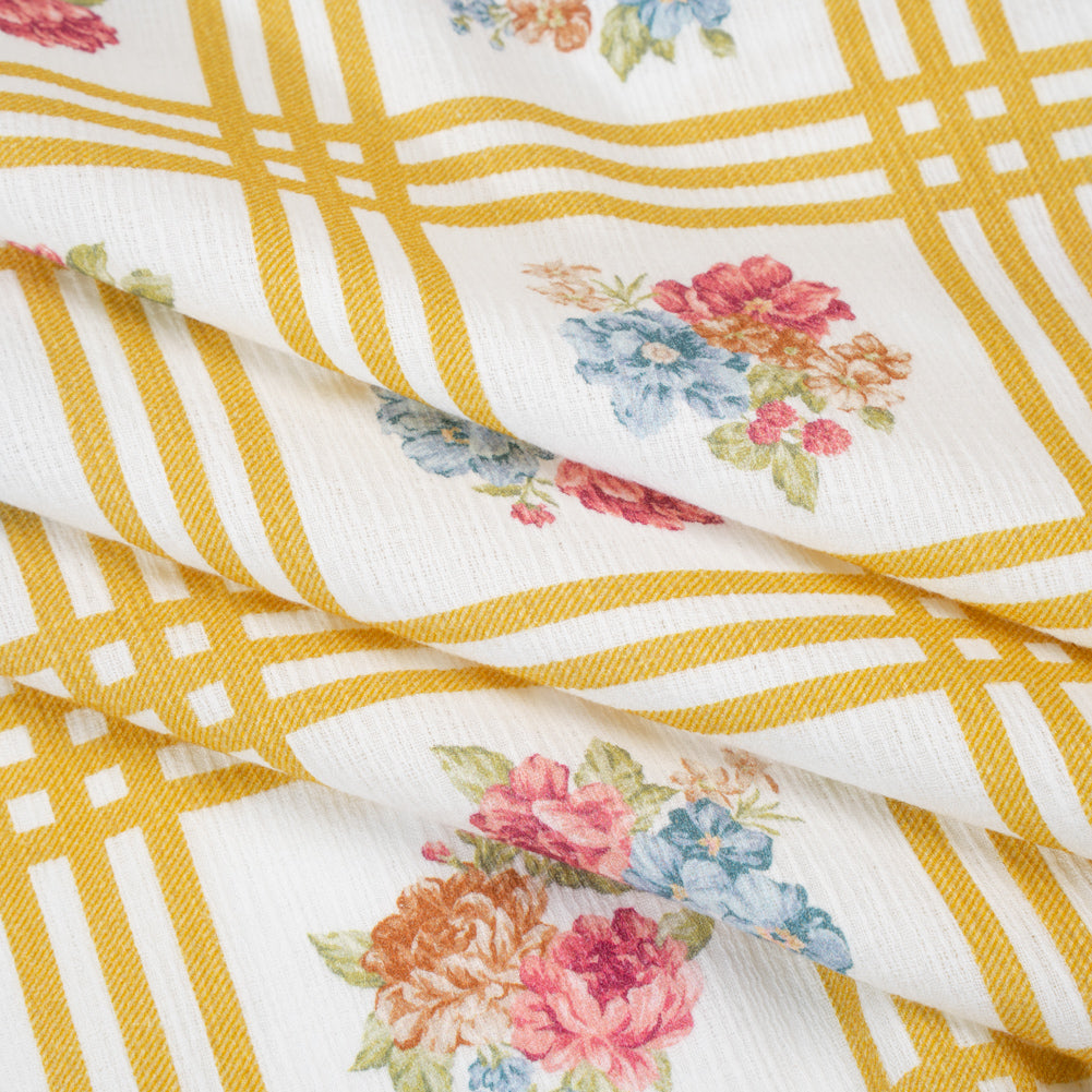 Slubbed Gauzy Cotton Woven - Yellow Ochre, Red and Blue Check with Flower Bouquets - Mood Exclusive Banquet Bouquet Print