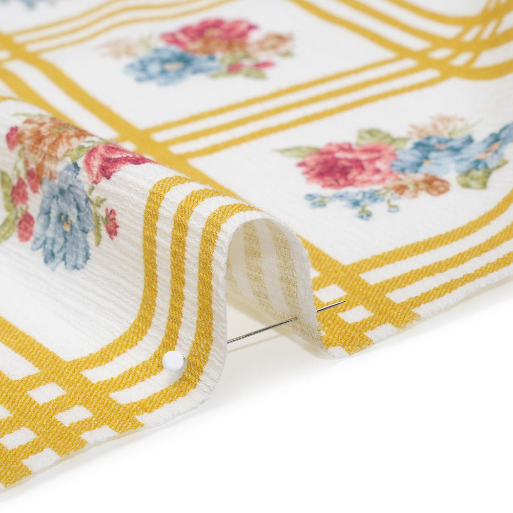 Slubbed Gauzy Cotton Woven - Yellow Ochre, Red and Blue Check with Flower Bouquets - Mood Exclusive Banquet Bouquet Print