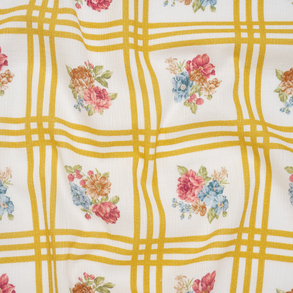 Slubbed Gauzy Cotton Woven - Yellow Ochre, Red and Blue Check with Flower Bouquets - Mood Exclusive Banquet Bouquet Print