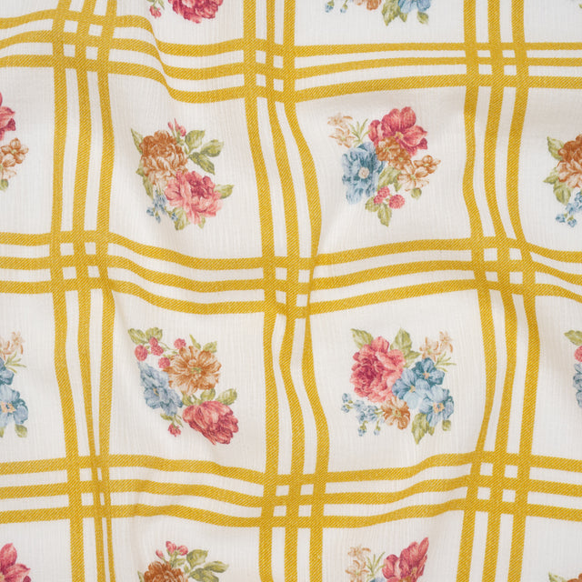 Slubbed Gauzy Cotton Woven - Yellow Ochre, Red and Blue Check with Flower Bouquets - Mood Exclusive Banquet Bouquet Print