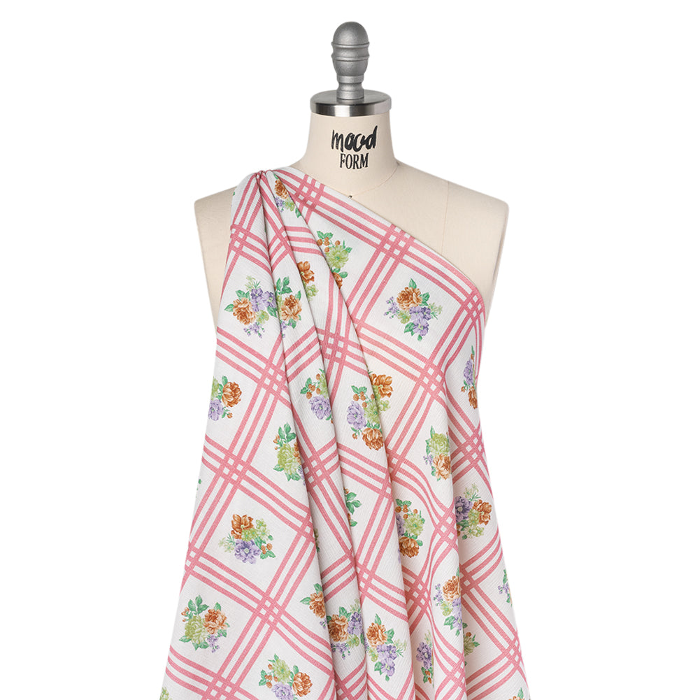 Slubbed Gauzy Cotton Woven - Pink, Red and Purple Check with Flower Bouquets - Mood Exclusive Banquet Bouquet Print