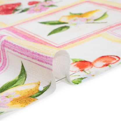 Slubbed Gauzy Cotton Woven - Pink, Red and Yellow Fruit and Flowers in Frames - Mood Exclusive Summer Medley Print