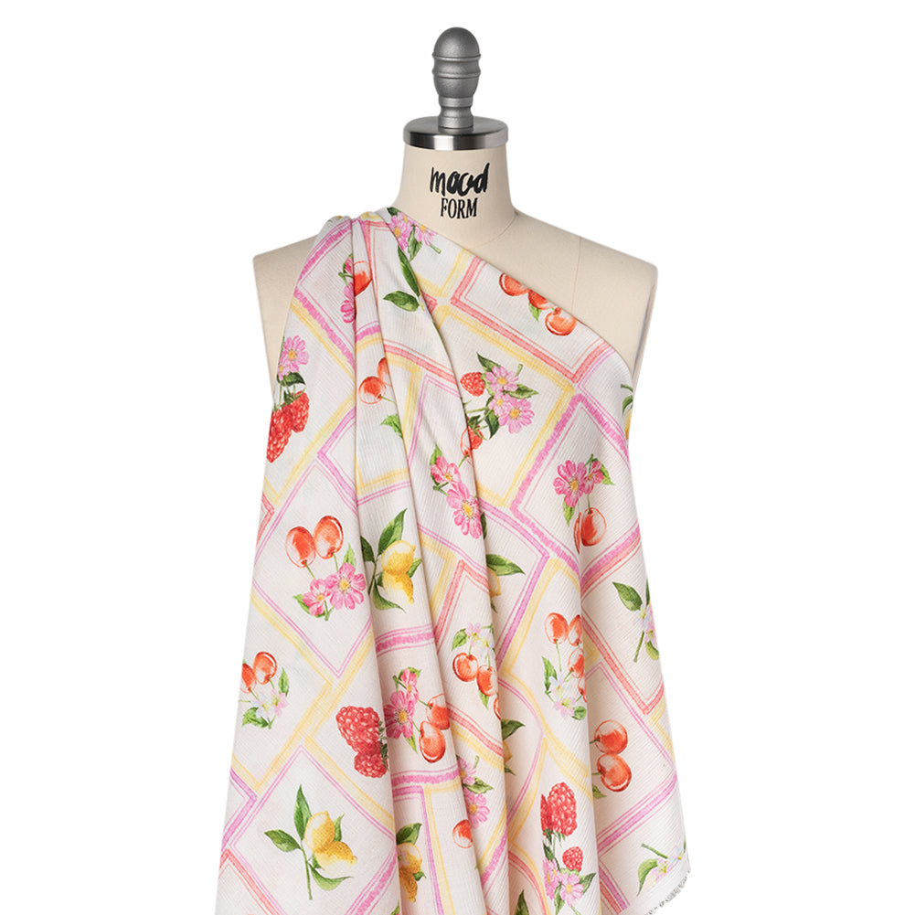 Slubbed Gauzy Cotton Woven - Pink, Red and Yellow Fruit and Flowers in Frames - Mood Exclusive Summer Medley Print