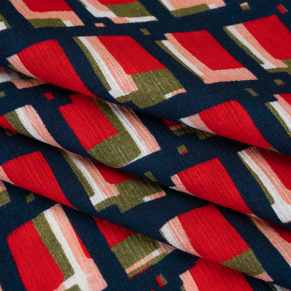 Slubbed Gauzy Cotton Woven - Red, Navy and Olive Green Geometric Blocks - Mood Exclusive Cubist Canvas Print