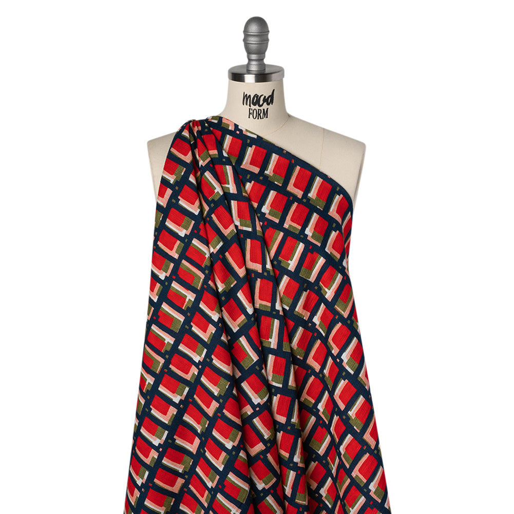 Slubbed Gauzy Cotton Woven - Red, Navy and Olive Green Geometric Blocks - Mood Exclusive Cubist Canvas Print