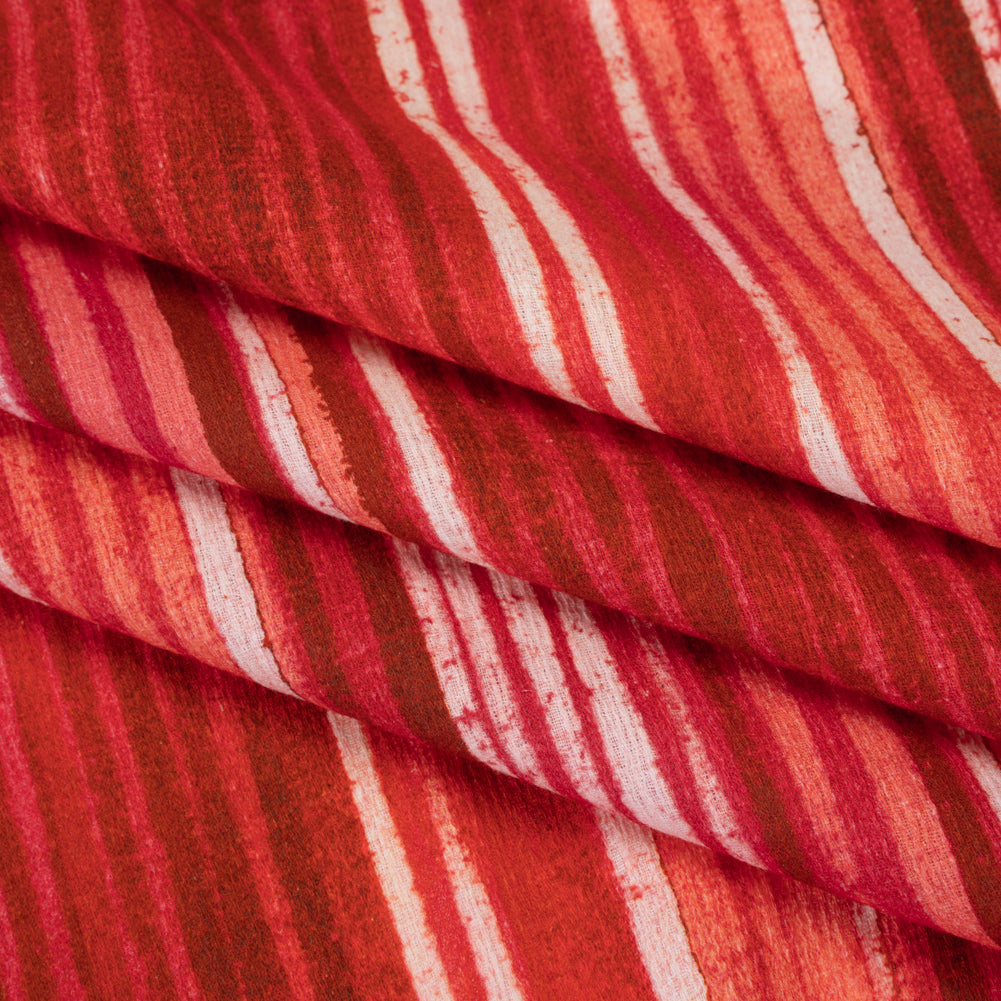 Slubbed Gauzy Cotton Woven - Red, Pink and Brown Painterly Barcode Stripes - Mood Exclusive Peppermint Parade Print