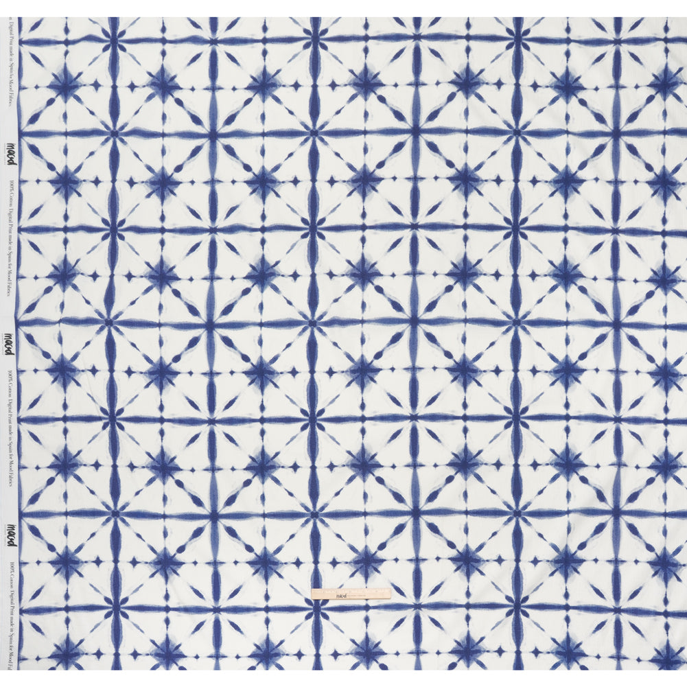 Slubbed Gauzy Cotton Woven - Indigo Blue and White Tie Dye Geometric Shibori - Mood Exclusive Tie Dye Tiles Print