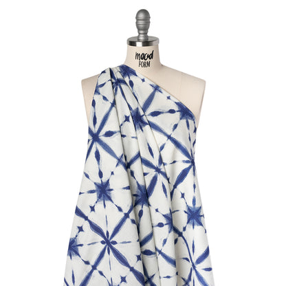 Slubbed Gauzy Cotton Woven - Indigo Blue and White Tie Dye Geometric Shibori - Mood Exclusive Tie Dye Tiles Print