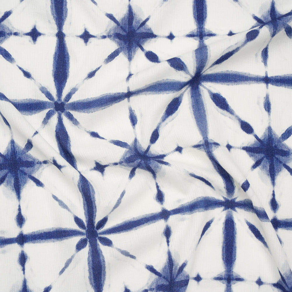 Slubbed Gauzy Cotton Woven - Indigo Blue and White Tie Dye Geometric Shibori - Mood Exclusive Tie Dye Tiles Print