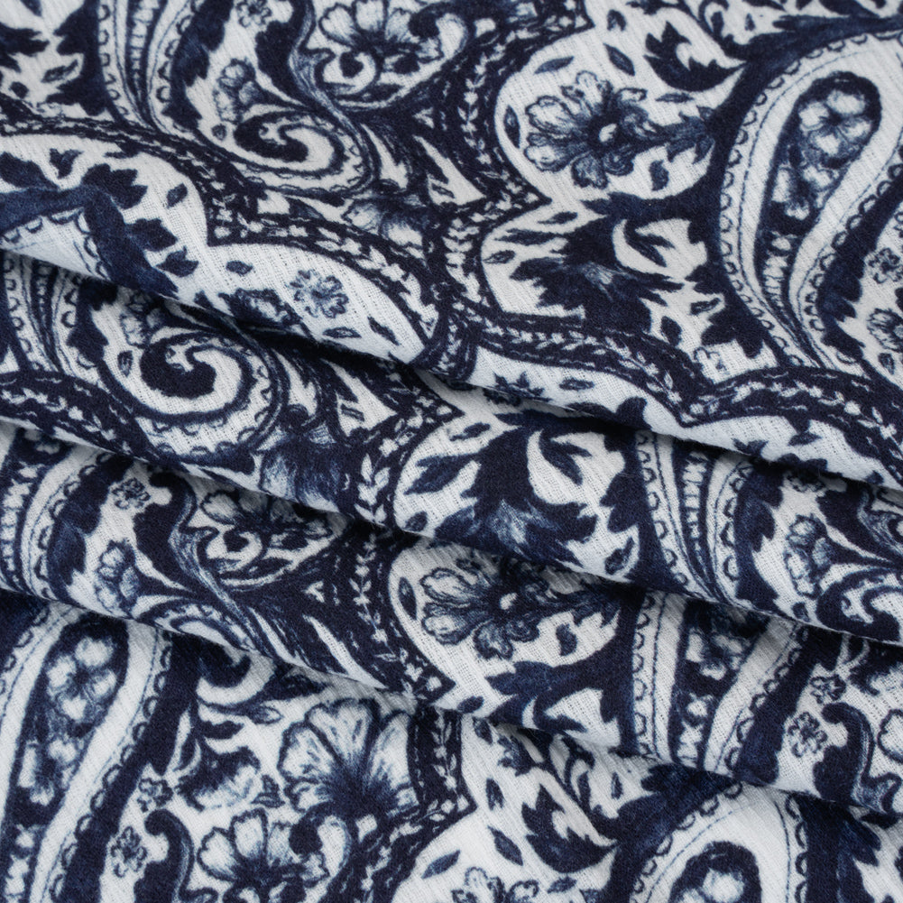 Slubbed Gauzy Cotton Woven - Navy Blue and White Paisley - Mood Exclusive Mediterranean Medley Print