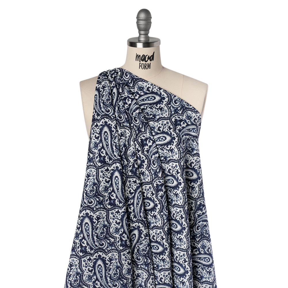 Slubbed Gauzy Cotton Woven - Navy Blue and White Paisley - Mood Exclusive Mediterranean Medley Print