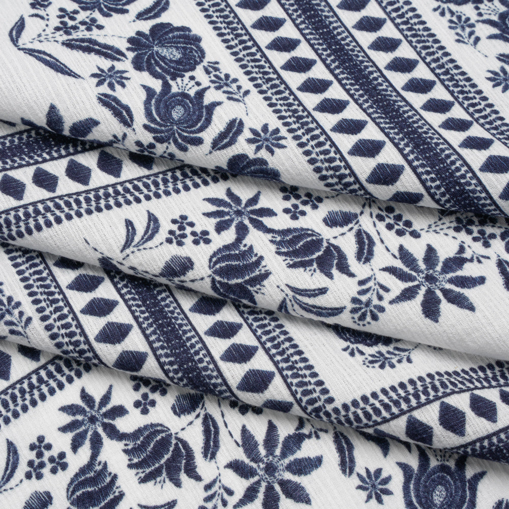 Slubbed Gauzy Cotton Woven - White and Navy Blue Floral Embroidery Squares - Mood Exclusive Porcelain Petals Print