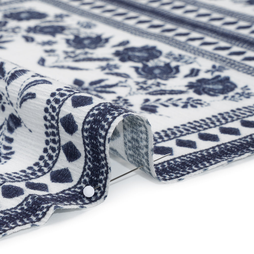 Slubbed Gauzy Cotton Woven - White and Navy Blue Floral Embroidery Squares - Mood Exclusive Porcelain Petals Print